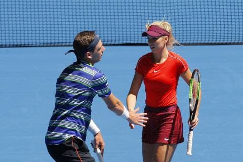 3rd January 2019, RAC Arena, Perth, Australia; Hopman Cup Tennis, sponsored by Mastercard; Katie Boulter and Cameron Norrie of Team Great Britain come together during the mixed doubles  ActionPlus12092688 DavidxWoodley