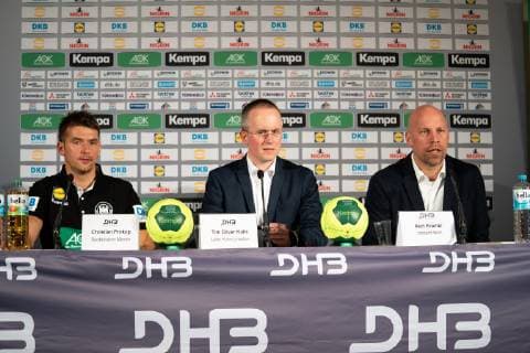 Christian Prokop National Coach Men Men Tim Oliver Halle Head of Communications DHB Axel Kromer Chairman Sports DHB Press Conference PK Handball World Championship 2019 German Handball Federation DHB Hamburg Hamburg Germany Hotel Treudelberg