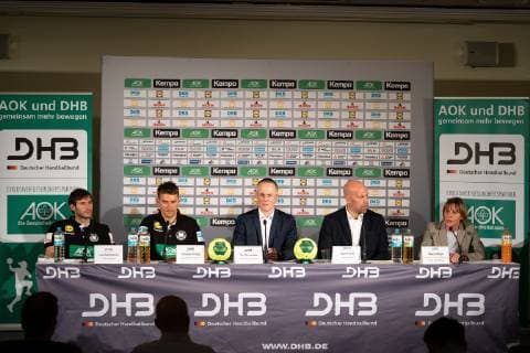 Uwe Gensheimer National Player and National Captain Christian Prokop National Coach Men Men Tim Oliver Halle Head of Communications DHB Axel Kromer Board of Management Sports DHB Maike Röttger Chairwoman of the Managing Directors PLAN International Charity Partner Press Conference PK Handball World Championship 2019 German Handball Federation DHB Hamburg Hamburg Germany Hotel Treudelberg