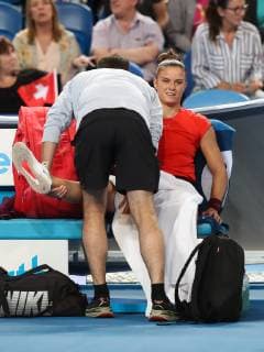 Maria Sakkari is treated by a physiotherapist Tennis Hopman Cup 2019 ITF RAC Arena Perth Western Australia Australia 3 January 2019 ITF RAC Â Copyright: xJuergenxHasenkopfx