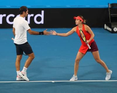 Belinda Bencic and Roger Federer Mixed Doubles Tennis Hopman Cup 2019 ITF RAC Arena Perth Western Australia Australia 3 January 2019 Â Copyright: xJuergenxHasenkopfx