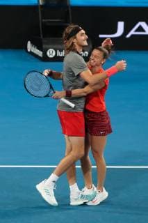 Maria Sakkari and Stefanos Tsitsipas cheer after their victory Jubel Freude Emotion Mixed Doubles Copyright: xJuergenxHasenkopfx