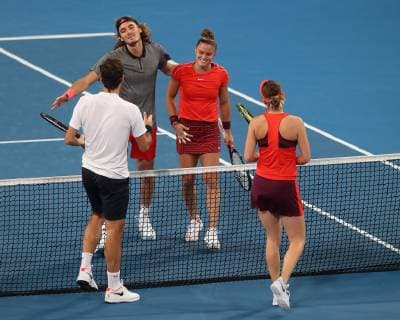 Roger Federer and Belinda Bencic congratulate Maria Sakkari and Stefanos Tsitsipas on their victory Jubel Freude Emotion Mixed Doubles Copyright: xJuergenxHasenkopfx