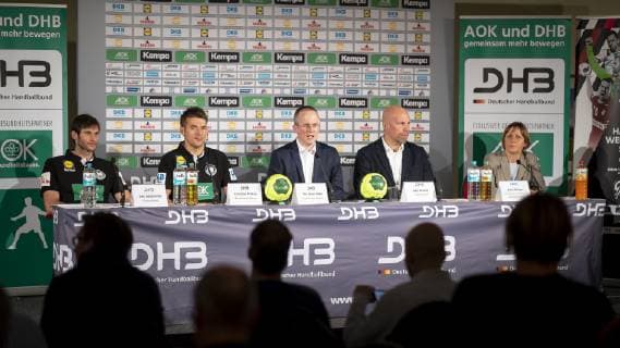 Uwe Gensheimer Christian Prokop Tim Oliver Kalle Axel Kromer and Maike Roettger during the press conference DHB press conference before the start of the World Championship Handball 03 01 19 Hamburg Hamburg Germany Steigenberger Hotel Treudelberg Copyright: xAgentur54Gradx xFelixxKoenigx