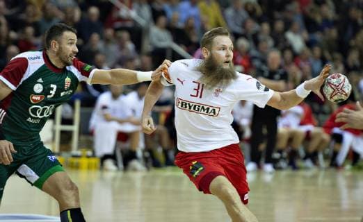 Denmarks Nikolaj OEris Nielsen and Hungarys Ferenc Ilyes in the Bygma Cup mens handball match between Denmark and Hungary in Ceres Arena in Aarhus Thursday 3 January 2019 Aarhus Jutland Denmark, detectedSourceLanguage  Copyright: HenningxBagger HenningxBaggerx COP102 spdk20190103-205815-L