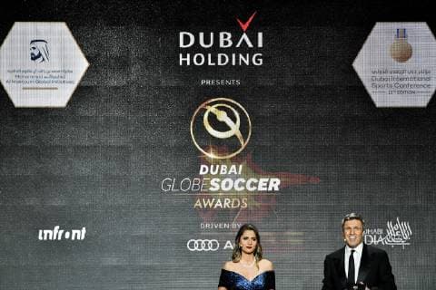 Photo LaPresse - Marco Alpozzi January 03, 2019 Dubai, United Arab Emirate Globe Soccer Award 2019 - 10th edition In the pic: Nathalie Mano, Tom Urquarh  Copyright: xMarcoxAlpozzi LaPressex