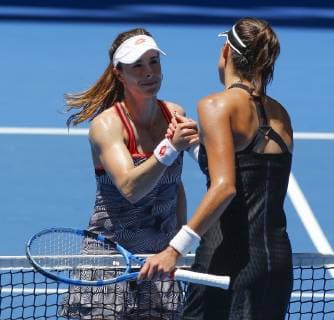 4th January 2019, RAC Arena, Perth, Australia; Hopman Cup Tennis, sponsored by Mastercard; Alize Cornet of Team France congratulates Garbine Muguruza of Team Spain on winning their match in straight sets  ActionPlus12092787 DavidxWoodley