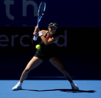4th January 2019, RAC Arena, Perth, Australia; Hopman Cup Tennis, sponsored by Mastercard; Garbine Muguruza of Team Spain plays a backhand shot against Alize Cornet of Team France  ActionPlus12092789 DavidxWoodley