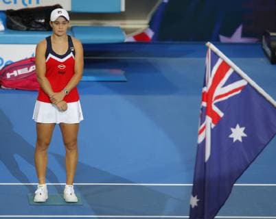 4th January 2019, RAC Arena, Perth, Australia; Hopman Cup Tennis, sponsored by Mastercard; Ashleigh Barty of Team Australia during her countrys National Anthem  ActionPlus12092875 DavidxWoodley