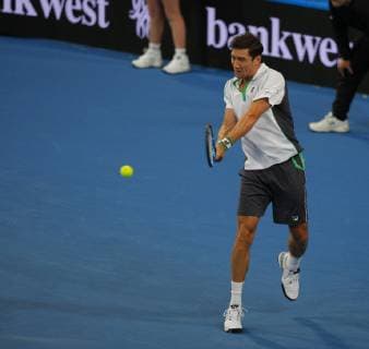 4th January 2019, RAC Arena, Perth, Australia; Hopman Cup Tennis, sponsored by Mastercard; Matt Ebden of Team Australia plays a backhand shot against Alexander Zverev of Team Germany  ActionPlus12092897 DavidxWoodley