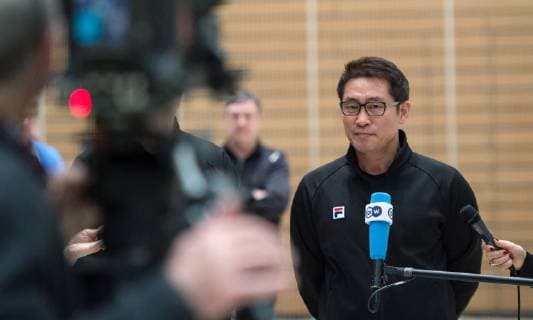 Head coach Young Shin Cho during a press conference in the Handball Hall Public training of the joint handball team from North and South Korea in preparation for the Handball World Championship 2019 in DEN GER in the Horst Kober Sports Centre in Berlin Germany on 04 01 2019