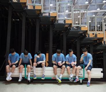 After the training players of the team sit on a trolley in the handball hall Public training of the joint handball team from North and South Korea in preparation for the Handball World Championship 2019 in DEN GER in the Horst Kober Sports Centre in Berlin Germany on 04 01 2019