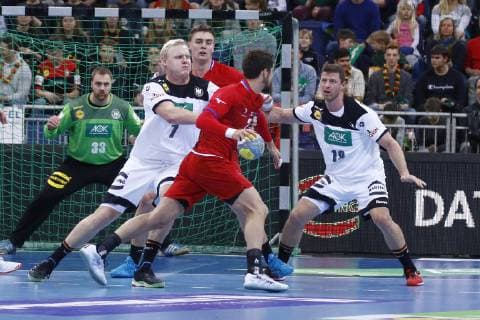 04 01 2019 TUI Arena Hannover international Germany GER v Czech Republic CZE in picture Patrick Wiencek 7 GER and Martin Strobel 19 GER block Ondrej Zdrahala 27 CZE Germany GER v Czech Republic CZE