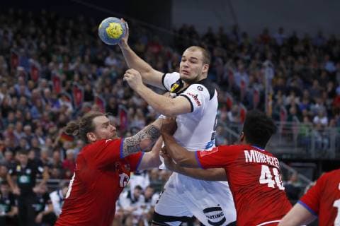 04 01 2019 TUI Arena Hannover international Germany GER v Czech Republic CZE in picture Pavel Horak 13 CZE and Dieudonne Mubenzem 40 CZE in duel with Paul Drux 95 GER Germany GER v Czech Republic CZE
