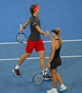 4th January 2019, RAC Arena, Perth, Australia; Hopman Cup Tennis, sponsored by Mastercard; Alexander Zverev and Angelique Kerber of Team Germany high five during the mixed doubles against Australia  ActionPlus12092971 DavidxWoodley