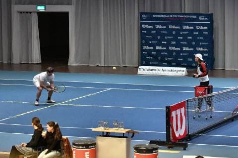 GER International DTB Tennis Congress 2019 05 01 2018 Estrel Congress Center Berlin GER International DTB Tennis Congress 2019 pictured Niklas Hoefken demonstrates exercises in the thematic area of inclusion in tennis training nph Mauelshagen nph00321