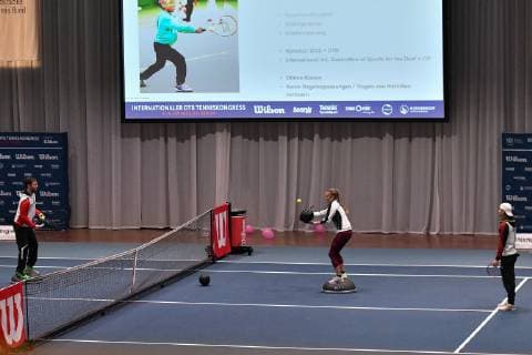 GER International DTB Tennis Congress 2019 05 01 2018 Estrel Congress Center Berlin GER International DTB Tennis Congress 2019 pictured Niklas Hoefken demonstrating with Deafless Exercises in the Inclusion Topic Area in Tennis Training nph Mauelshagen nph00321