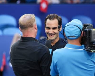 Roger Federer gives TV interview after his match Copyright: xJuergenxHasenkopfx
