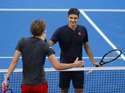 5th January 2019, RAC Arena, Perth, Australia; Hopman Cup Tennis, sponsored by Mastercard; Alexander Zverev of Team Germany congratulates Roger Federer of Team Switzerland after he won their singles match in straight sets during the Final  ActionPlus12093030 DavidxWoodley