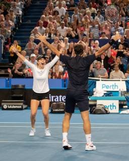 Belinda Bencic Roger Federer stretch out his arms and cheer joy joy emotion mixed doubles finals final match Copyright: xJuergenxHasenkopfx