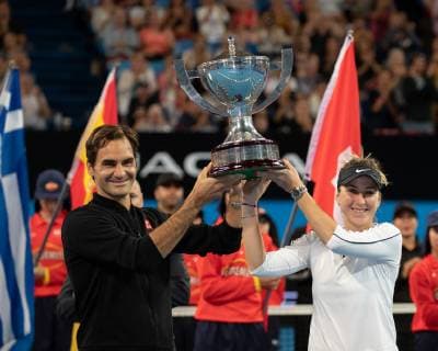 L R Winners Belinda Bencic and Roger Federer Mixed Doubles Presentation Tennis Hopman Cup 2019 ITF RAC Arena Perth Western Australia Australia 5 January 2019 Â Copyright: xJuergenxHasenkopfx