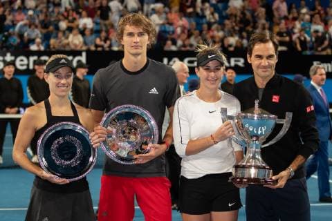 L R Winners Belinda Bencic and Roger Federer Finalists Angelique Kerber Alexander Zverev Mixed Doubles Award Ceremony Presentation Tennis Hopman Cup 2019 ITF RAC Arena Perth Western Australia Australia 5 January 2019 Â Copyright: xJuergenxHasenkopfx