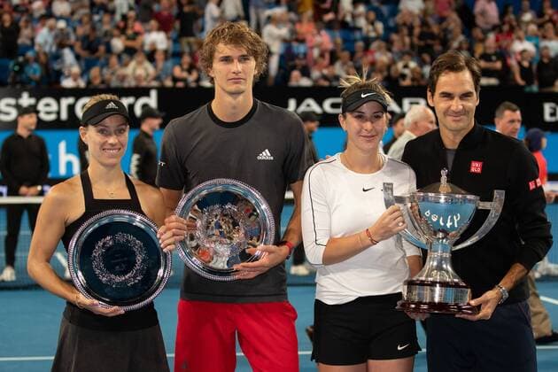 L R Winners Belinda Bencic and Roger Federer Finalists Angelique Kerber Alexander Zverev Mixed Doubles Award Ceremony Presentation Tennis Hopman Cup 2019 ITF RAC Arena Perth Western Australia Australia 5 January 2019 Â Copyright: xJuergenxHasenkopfx