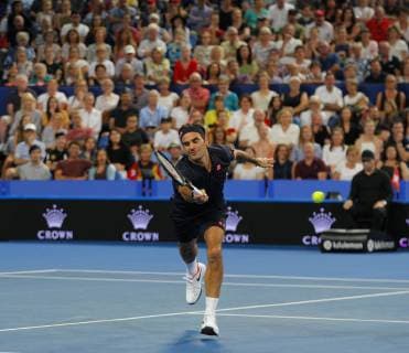 5th January 2019, RAC Arena, Perth, Australia; Hopman Cup Tennis, sponsored by Mastercard; Roger Federer of Team Switzerland volleys during the mixed doubles  ActionPlus12093157 DavidxWoodley