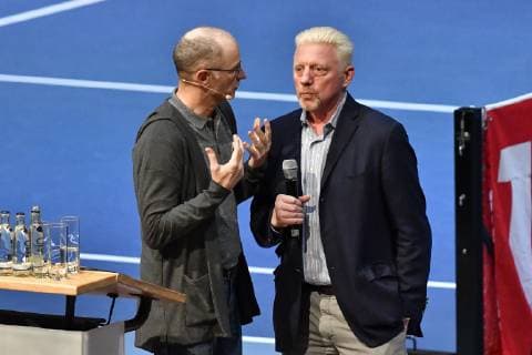 GER International DTB Tennis Congress 2019 05 01 2018 Estrel Congress Center Berlin GER International DTB Tennis Congress 2019 pictured Matthias Stach left talking to Boris Becker re nph Mauelshagen nph00321