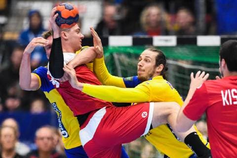 190105 Russian Dmitriy Zhitnikov and Swedens Kim Ekdahl du Rietz during the training handball match between Sweden and Russia on January 5, 2019 in Jönköping, detectedSourceLanguage  Copyright: DANIELxSTILLER BB190105DS005