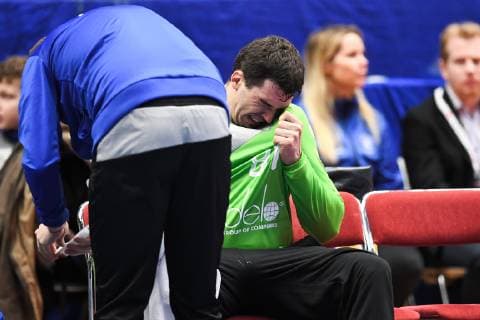 190105 RussiaVictor Kireev fathered after he injured his finger during the training handball match between Sweden and Russia on January 5, 2019 in Jönköping, detectedSourceLanguage  Copyright: DANIELxSTILLER BB190105DS007