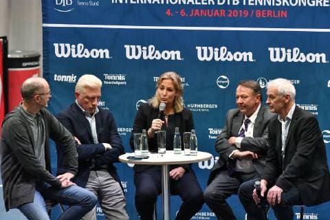GER International DTB Tennis Congress 2019 05 01 2018 Estrel Congress Center Berlin GER International DTB Tennis Congress 2019 in picture v l Mattias Stach moderates the panel discussion The way to world class with Boris Becker Barbara Rittner Dirk Hordorff Kiaus Eberhard nph Mauelshagen nph00321