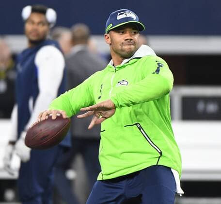 Seattle Seahawks quarterback Russell Wilson warms up prior to facing the Dallas Cowboys in the Wild Card playoff game at AT&T Stadium in Arlington, TX on January 5, 2019.  ARL2019010502 IANxHALPERIN