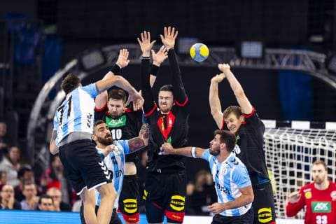 Nicolas Bonanno Nr 77 Argentina vs Fabian Wiede Nr 10 Germany Hendrik Pekeler Nr 13 Germany and Fabian Boehm Nr 38 Germany vs Argentina Handball Test game 06 01 19 Kiel Schleswig Holstein Germany Sparkassen Arena Copyright: xAgentur54Gradx xFelixxKoenigx