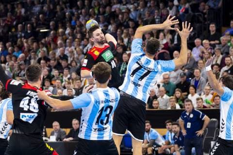 Fabian Wiede Nr 10 Germany vs Juan Pablo Fernandez Nr 13 Argentina Nicolas Bonanno Nr 77 Argentina and Federico Matias Vieyra Nr 10 Argentina Germany vs Argentina Handball Test game 06 01 19 Kiel Schleswig Holstein Germany Sparkassen Arena Copyright: xAgentur54Gradx xFelixxKoenigx