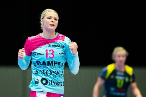 190106 TusSies Metzingens Ewgenija Minevskaja rejoices after males during a handball match in the EHF Cup between Sävehof and TusSies Metzingen on January 6, 2019 in Partille, detectedSourceLanguage  Copyright: MICHAELxERICHSEN BB190106ZW021