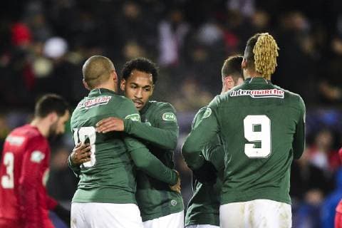 joie des joueurs de St Etienne apres le but de Rocha Santos Kenny (ASSE) FOOTBALL : Olympique de Strasbourg vs St Etienne - 1 32e de finale Coupe de France - 06 01 2019 JBAutissier Panoramic 