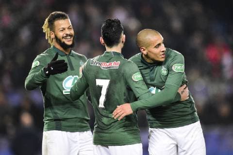 joie des joueurs de St Etienne apres le second but de CABELLA Remy (St Etienne) FOOTBALL : Olympique de Strasbourg vs St Etienne - 1 32e de finale Coupe de France - 06 01 2019 JBAutissier Panoramic 