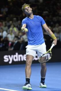7th January 2019, Qudos Bank Arena, Sydney, Australia; Fast4 Tennis Showdown; Rafael Nadal of Spain serves in the match against Nick Kyrgios of Australia  ActionPlus12093946 NigelxOwen