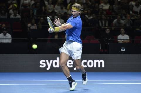 7th January 2019, Qudos Bank Arena, Sydney, Australia; Fast4 Tennis Showdown; Rafael Nadal of Spain hits a forehand return to Nick Kyrgios of Australia  ActionPlus12093949 NigelxOwen