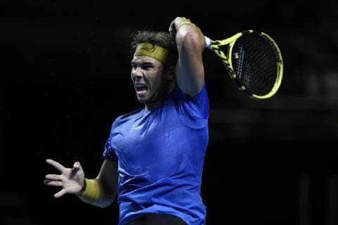 7th January 2019, Qudos Bank Arena, Sydney, Australia; Fast4 Tennis Showdown; Rafael Nadal of Spain hits a forehand return to Nick Kyrgios of Australia  ActionPlus12093923 NigelxOwen