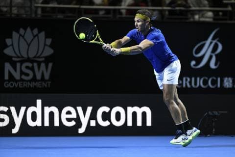 7th January 2019, Qudos Bank Arena, Sydney, Australia; Fast4 Tennis Showdown; Rafael Nadal of Spain hits a backhand to Nick Kyrgios of Australia  ActionPlus12093930 NigelxOwen