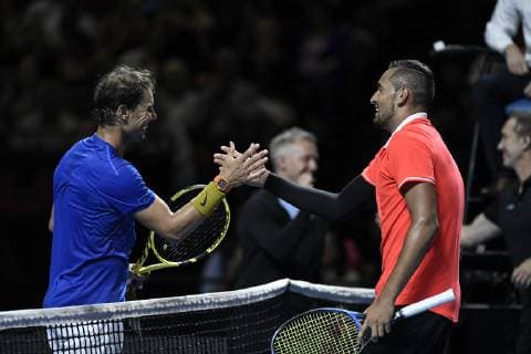 7th January 2019, Qudos Bank Arena, Sydney, Australia; Fast4 Tennis Showdown; Nick Kyrgios of Australia shakes hands with Rafael Nadal of Spain after the Australian wins the match  ActionPlus12093934 NigelxOwen