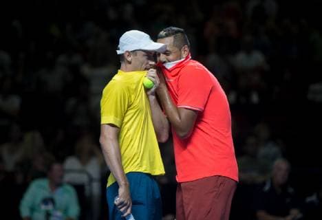Sport Bilder des Tages (190107) -- SYDNEY, Jan. 7, 2019 (Xinhua) -- Nick Kyrgios (R) and John Millman of Australia react during the men s double match against Rafael Nadal of Spain and Milos Raonic of Canada at Fast4 Showdown in 2019 Sydney Tennis Open in Sydney, Australia, Jan. 7, 2019. Nick Kyrgios and John Millman lost 1-2. (Xinhua Zhu Hongye) (SP)AUSTRALIA-SYDNEY-TENNIS-SYDNEY OPEN-FAST4 