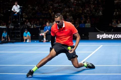 SYDNEY, AUSTRALIA - JANUARY 07: Nick Kyrgios (AUS) at The Sydney FAST4 Tennis Showdown on January 07, 2018, at Qudos Bank Arena in Homebush, Australia. (Photo by Speed Media Icon Sportswire) TENNIS: JAN 07 FAST4 Sydney Icon19010700074 EDITORIAL USE ONLY