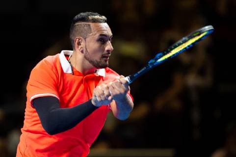 SYDNEY, AUSTRALIA - JANUARY 07: Nick Kyrgios (AUS) hits a backhand at The Sydney FAST4 Tennis Showdown on January 07, 2018, at Qudos Bank Arena in Homebush, Australia. (Photo by Speed Media Icon Sportswire) TENNIS: JAN 07 FAST4 Sydney Icon19010700414 EDITORIAL USE ONLY