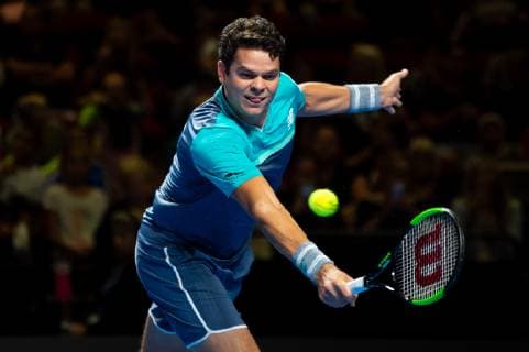 SYDNEY, AUSTRALIA - JANUARY 07: Milos Raonic (CAN) hits a backhand at The Sydney FAST4 Tennis Showdown on January 07, 2018, at Qudos Bank Arena in Homebush, Australia. (Photo by Speed Media Icon Sportswire) TENNIS: JAN 07 FAST4 Sydney Icon19010700614 EDITORIAL USE ONLY
