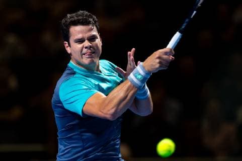 SYDNEY, AUSTRALIA - JANUARY 07: Milos Raonic (CAN) hits a forehand at The Sydney FAST4 Tennis Showdown on January 07, 2018, at Qudos Bank Arena in Homebush, Australia. (Photo by Speed Media Icon Sportswire) TENNIS: JAN 07 FAST4 Sydney Icon19010700774 EDITORIAL USE ONLY