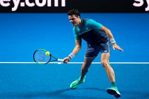 SYDNEY, AUSTRALIA - JANUARY 07: Milos Raonic (CAN) hits a forehand at The Sydney FAST4 Tennis Showdown on January 07, 2018, at Qudos Bank Arena in Homebush, Australia. (Photo by Speed Media Icon Sportswire) TENNIS: JAN 07 FAST4 Sydney Icon19010700854 EDITORIAL USE ONLY
