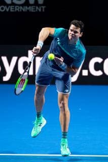 SYDNEY, AUSTRALIA - JANUARY 07: Milos Raonic (CAN) serves at The Sydney FAST4 Tennis Showdown on January 07, 2018, at Qudos Bank Arena in Homebush, Australia. (Photo by Speed Media Icon Sportswire) TENNIS: JAN 07 FAST4 Sydney Icon19010701064 EDITORIAL USE ONLY